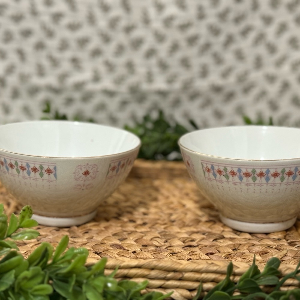 Source Unknown Cream and Red Patterned Bowls